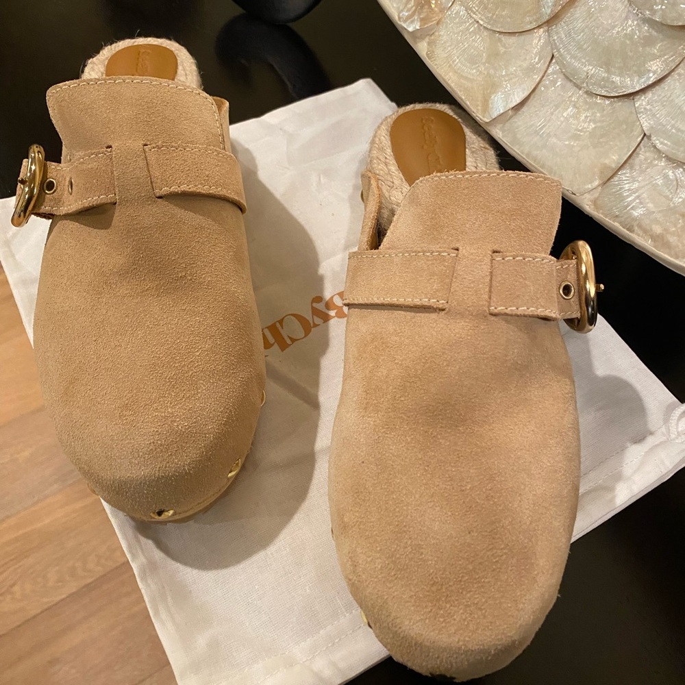 See By Chloe Tan Suede Clogs with Gold Accents